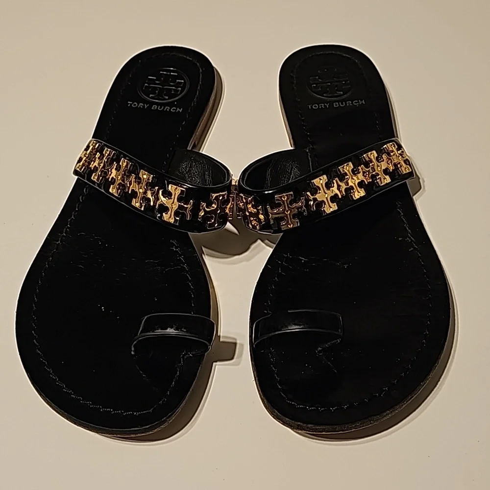Tory Burch Black Sandal with Gold Logo Accent